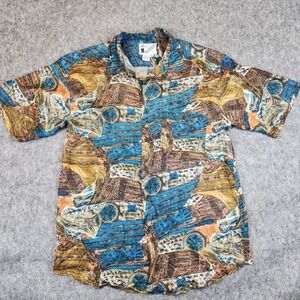 Goouch Button Down Shirt Men M Blue Silk Abstract Geometric Vintage Art 90s READ